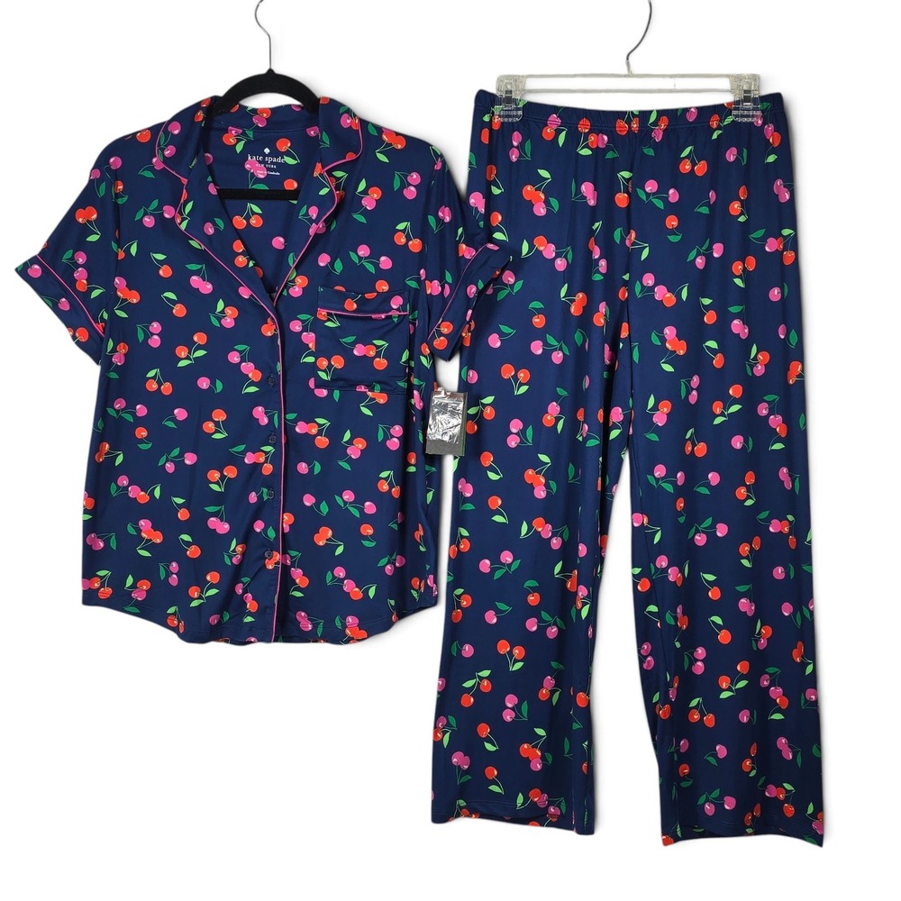 Kate Spade Pajama Set Womens Small Indigo Cherry Print Short Sleeve Pants NEW